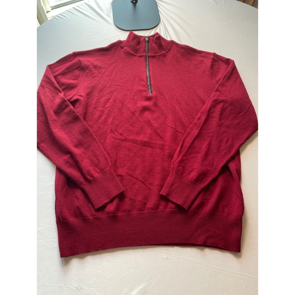 Orvis Mens XL Red 100% Merino Wool Quarter Zip Leather Trim Sweater 1072818